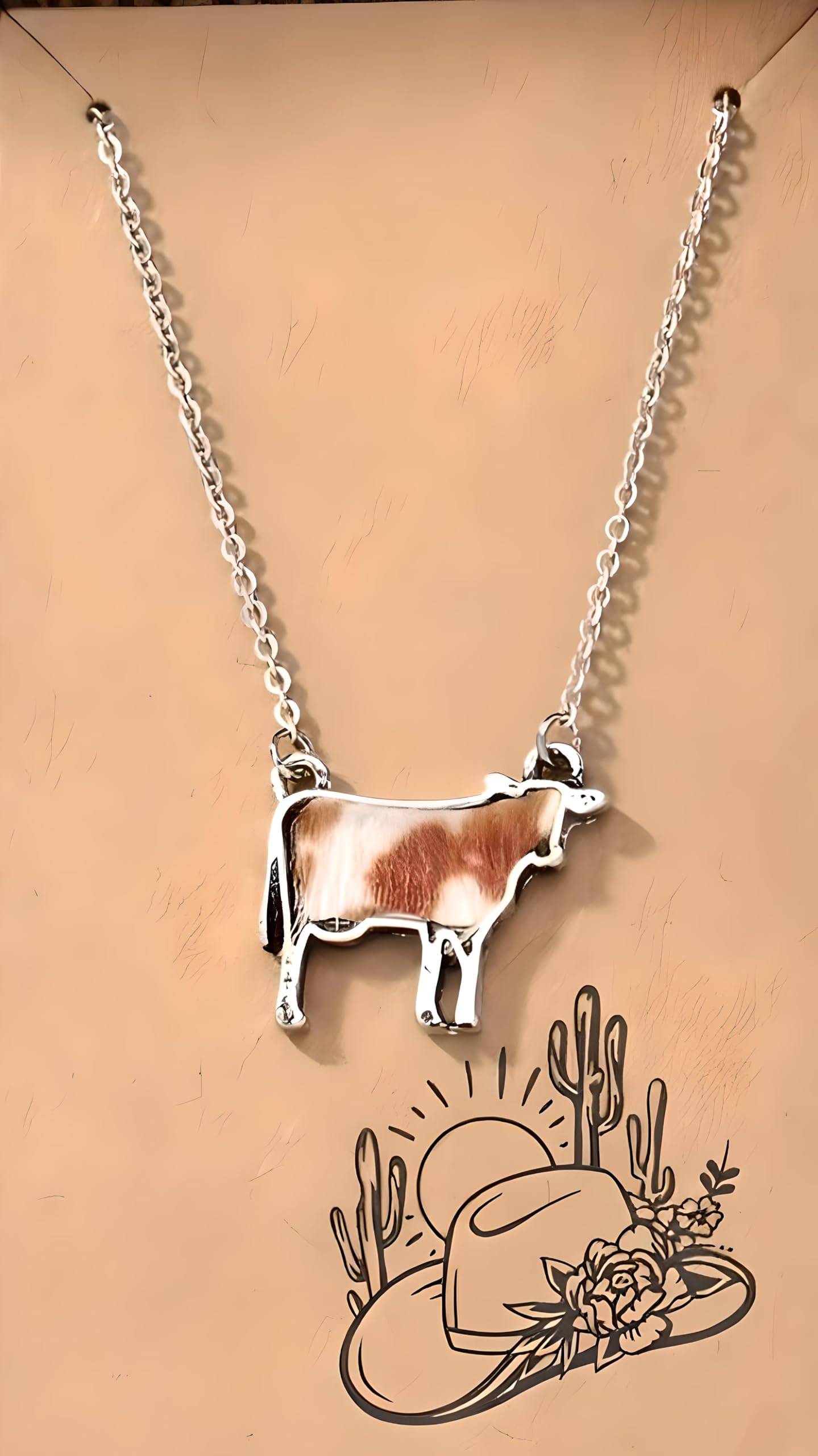 Western Farm Animal Pendant Necklace, Cow, Horse, Goat, and Pig Hide - Silver Chain, 15.35 inch + 1.97 inch Extension