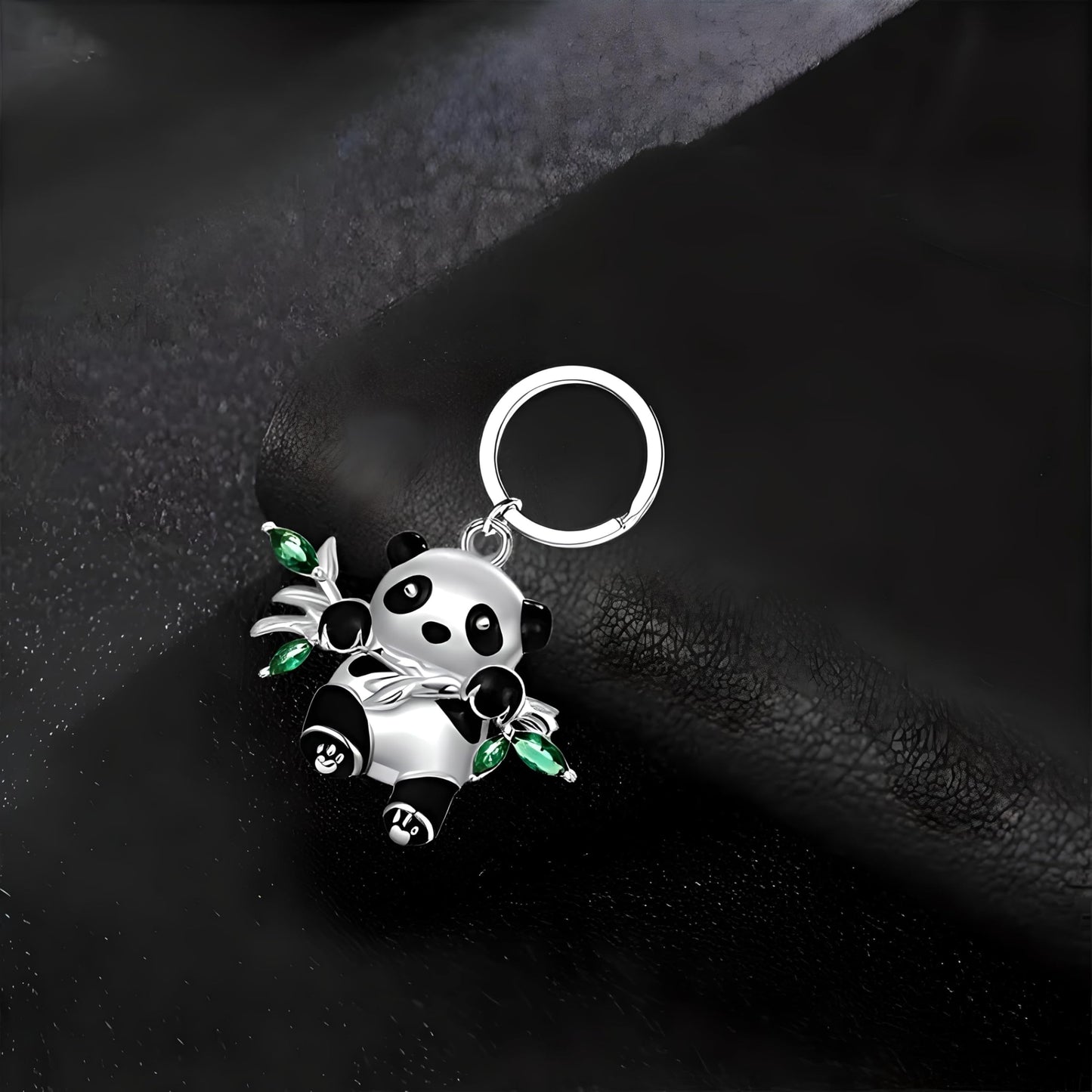 Panda Jewelry Set with Necklace, Earrings, Bracelet and Keychain, Silver with Green Crystal Bamboo Leaves