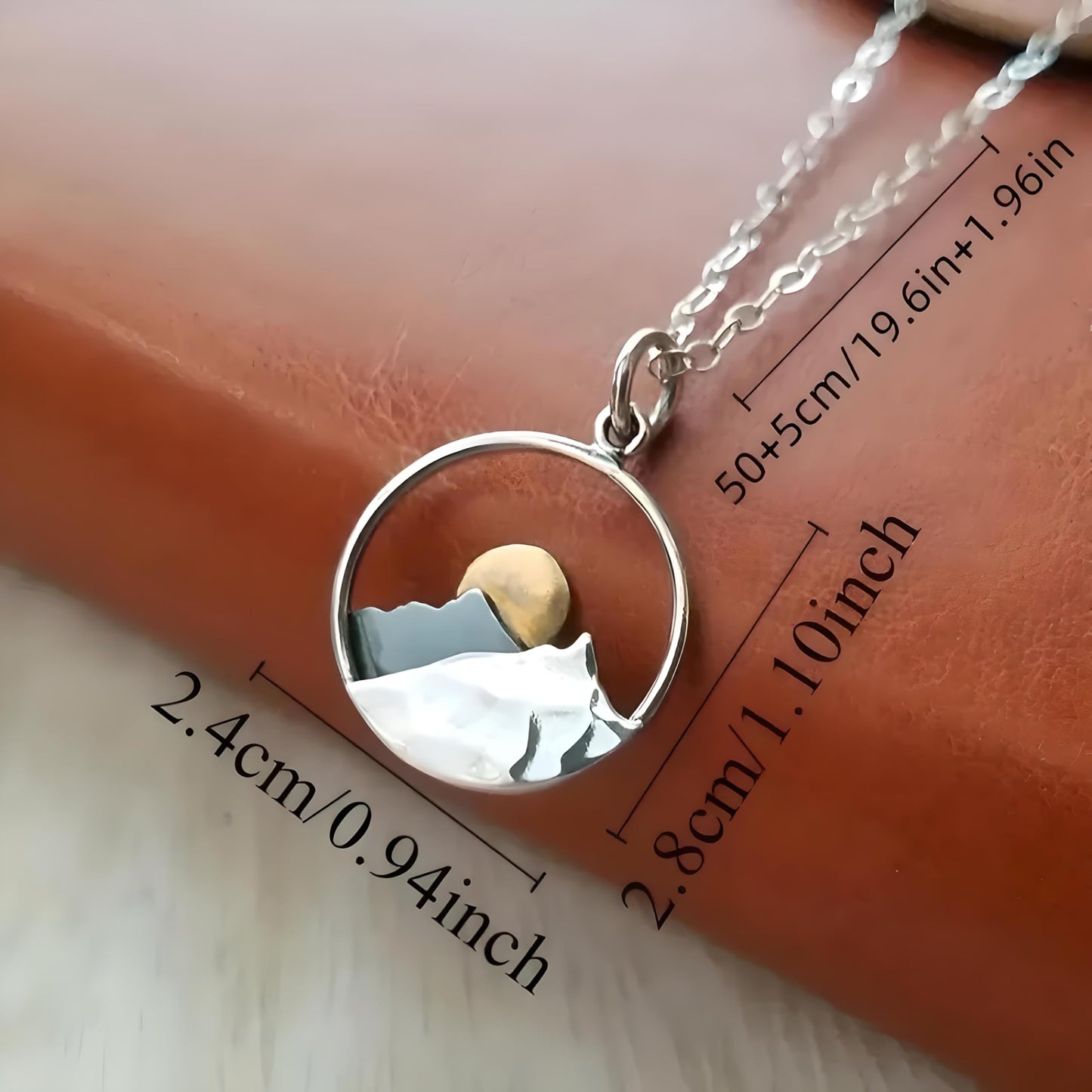 Mountain Scene Pendant Necklace, Silver Chain, Nature Landscape Design, Circle Pendant