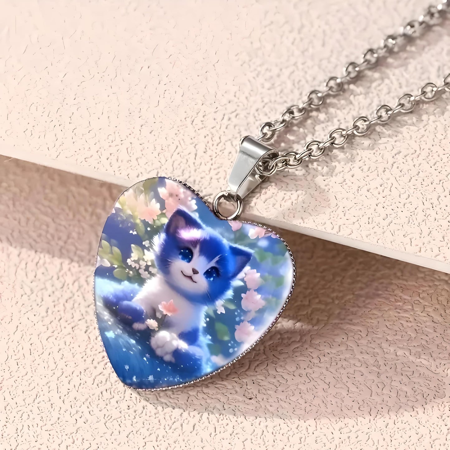 Heart-Shaped Cat Pendant Necklace with Floral Design, 19 inch Chain - Stainless Steel with Glass Pendant - Christmas, Holiday, or Birthday Gift