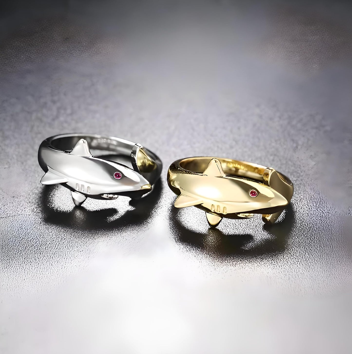 Sterling Silver Great White and Hammerhead Shark Adjustable Ring with Black Cubic Zirconia Accents