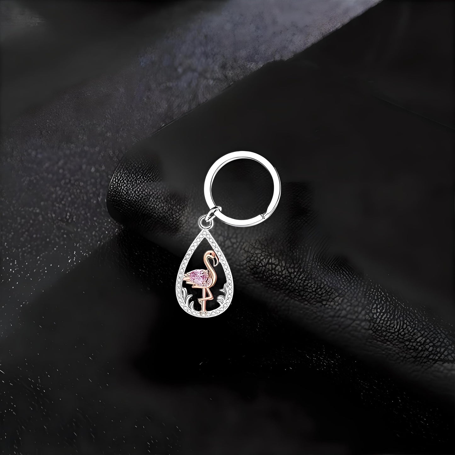 Flamingo Jewelry Set with Pink Crystal, 4-Piece Silver Teardrop Design, Necklace Bracelet Earrings Ring