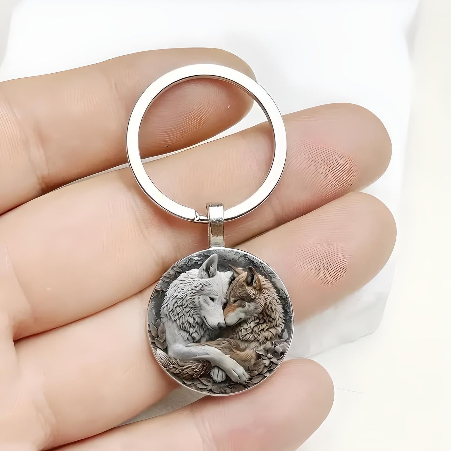 Mountain Sunset Stained Glass Art Keychain, Nature Scene Design, Round Pendant (Wolf Hug)
