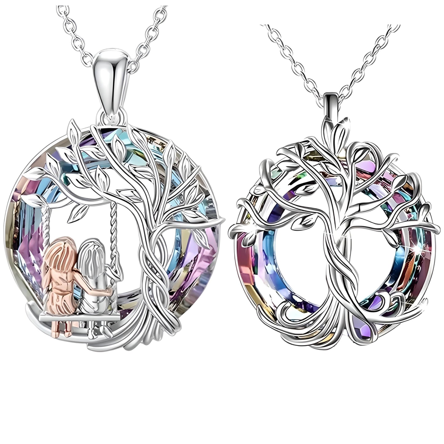2 PC Tree of Life Pendant + Swinging Necklace, Silver Chain, Rainbow Crystal Accents, Vintage Swing Design