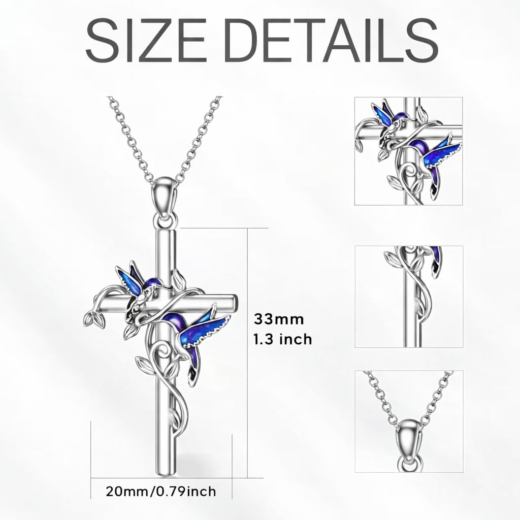 SUPAC Hummingbird Cross Design Necklace, I Am Always With You, 19.68 inch Chain, Red and Silver