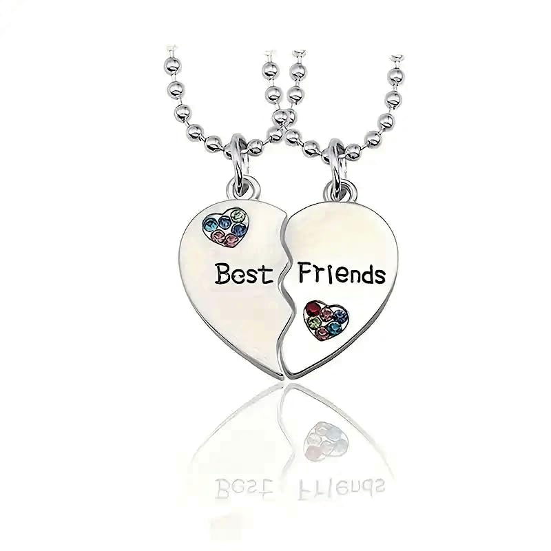 Best Friends Split Heart Pendant Necklace, 2 PC/set, with Rhinestones, 19.7 inch Silver Ball Chain