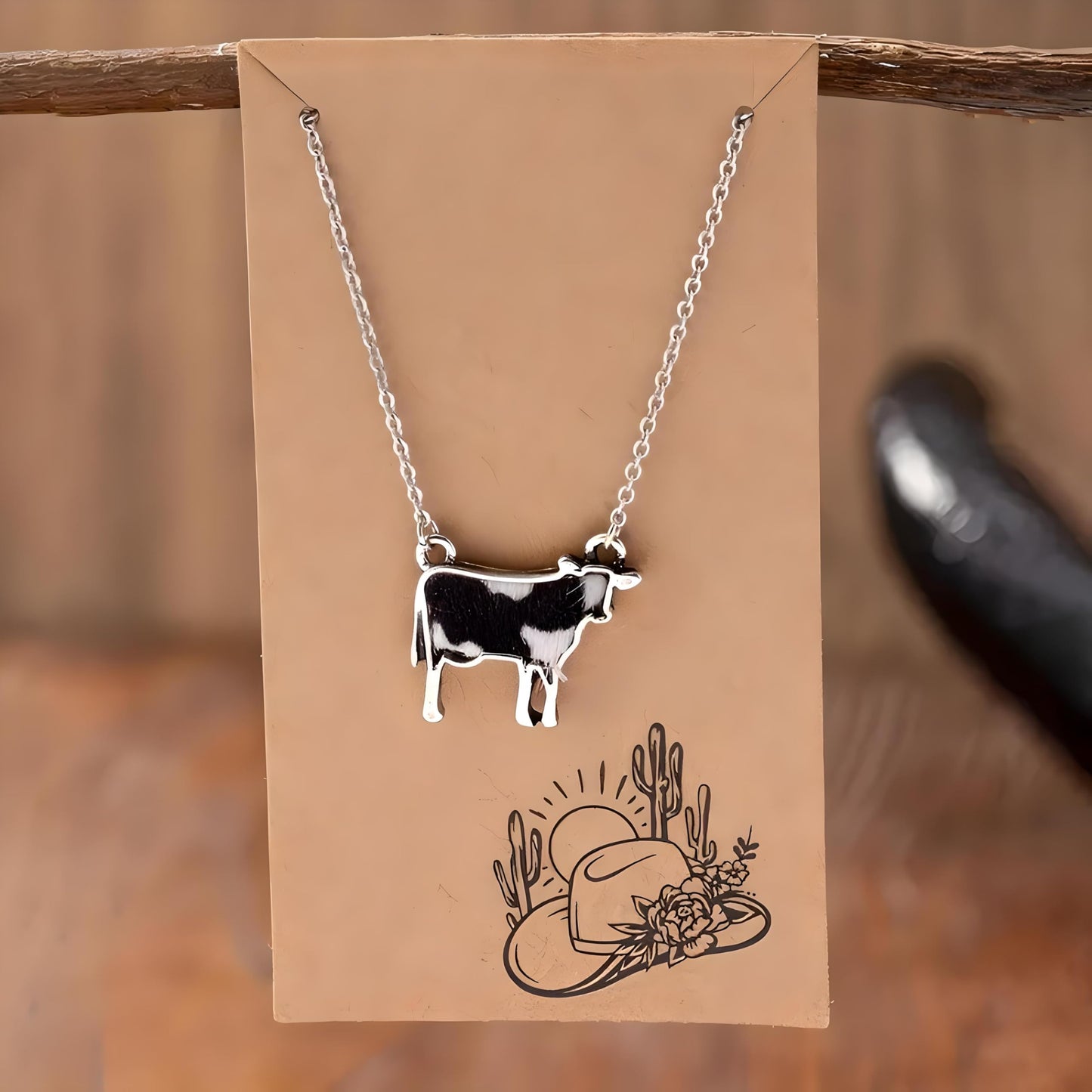 Western Farm Animal Pendant Necklace, Cow, Horse, Goat, and Pig Hide - Silver Chain, 15.35 inch + 1.97 inch Extension