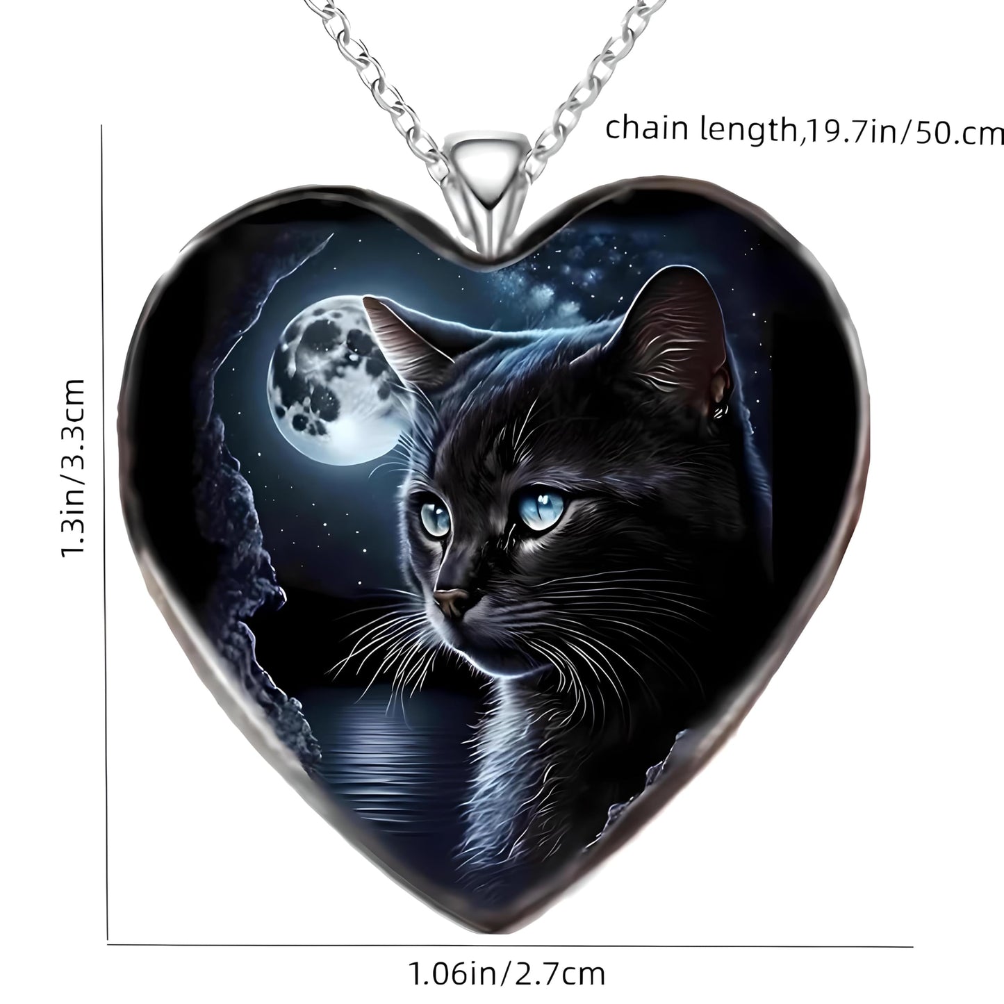 Heart-Shaped Black Cat Necklace with Moon and Galaxy Design, Glass Pendant with Stainless Steel Chain - Christmas, Holiday, or Birthday Gift