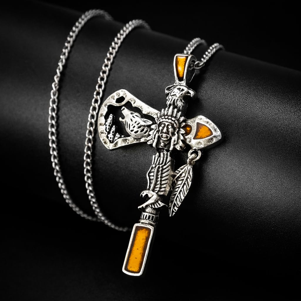 SUPAC Indian Axe Pendant Necklace, Native American Wolf Design, Stainless Steel Chain (Brown)