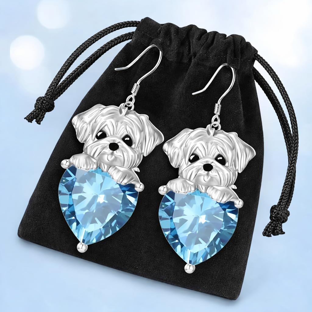Decorative Dog Dangle Earrings, Blue Crystal Heart, Silver Shih Tzu Design