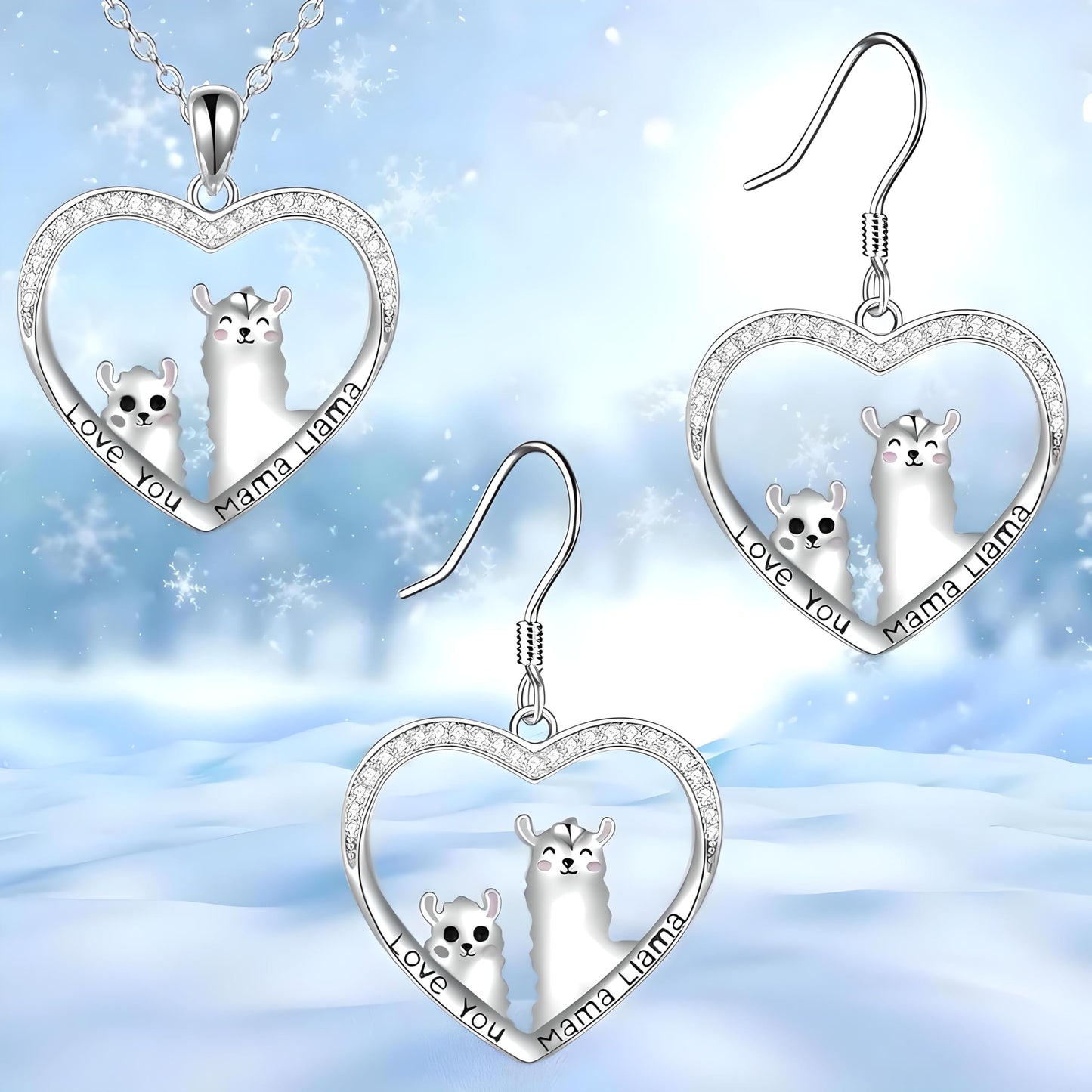 Heart-Shaped Llama Jewelry Set, Sterling Silver Necklace and Earrings, Crystal Rhinestone - Llama Gift