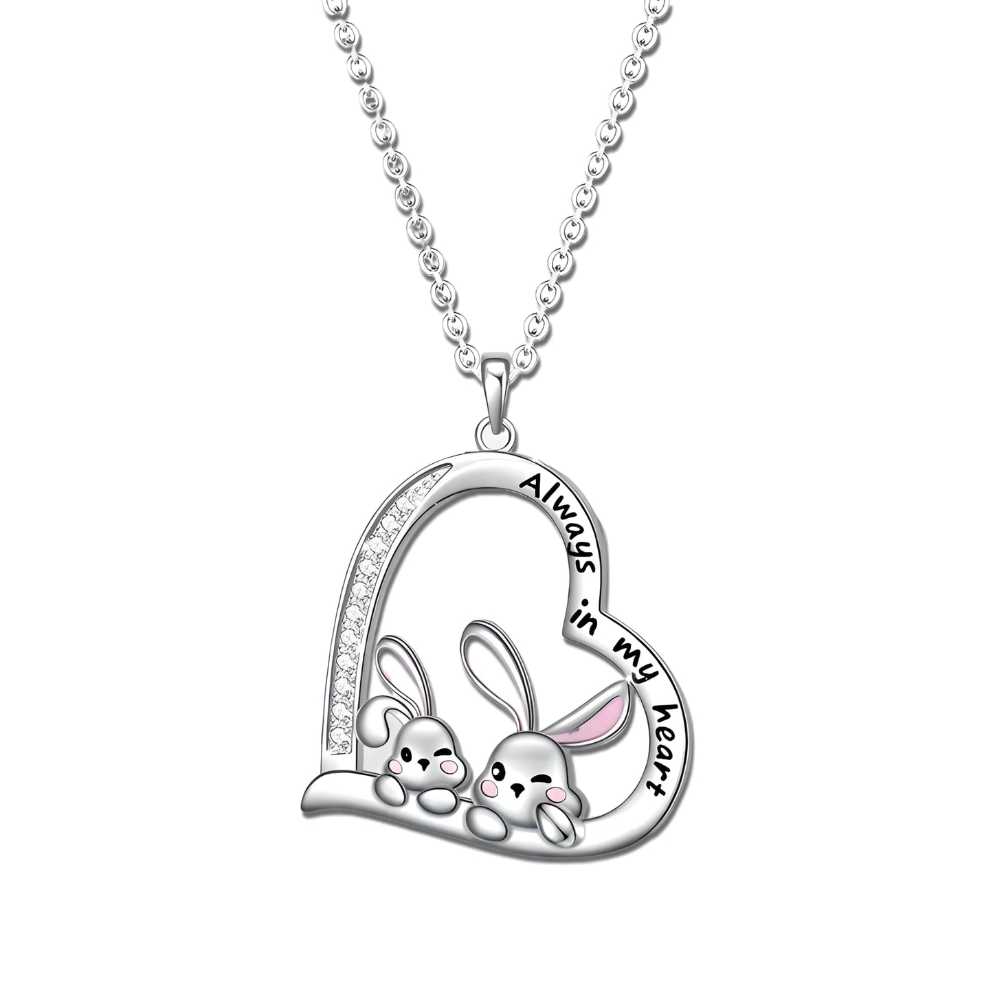 SUPAC Pair of Bunnies & Heart Pendant Necklace Always in My Heart - White Golden Plated Alloy with Resin Accents, Birthday or Friendship Gift, 2+ Options