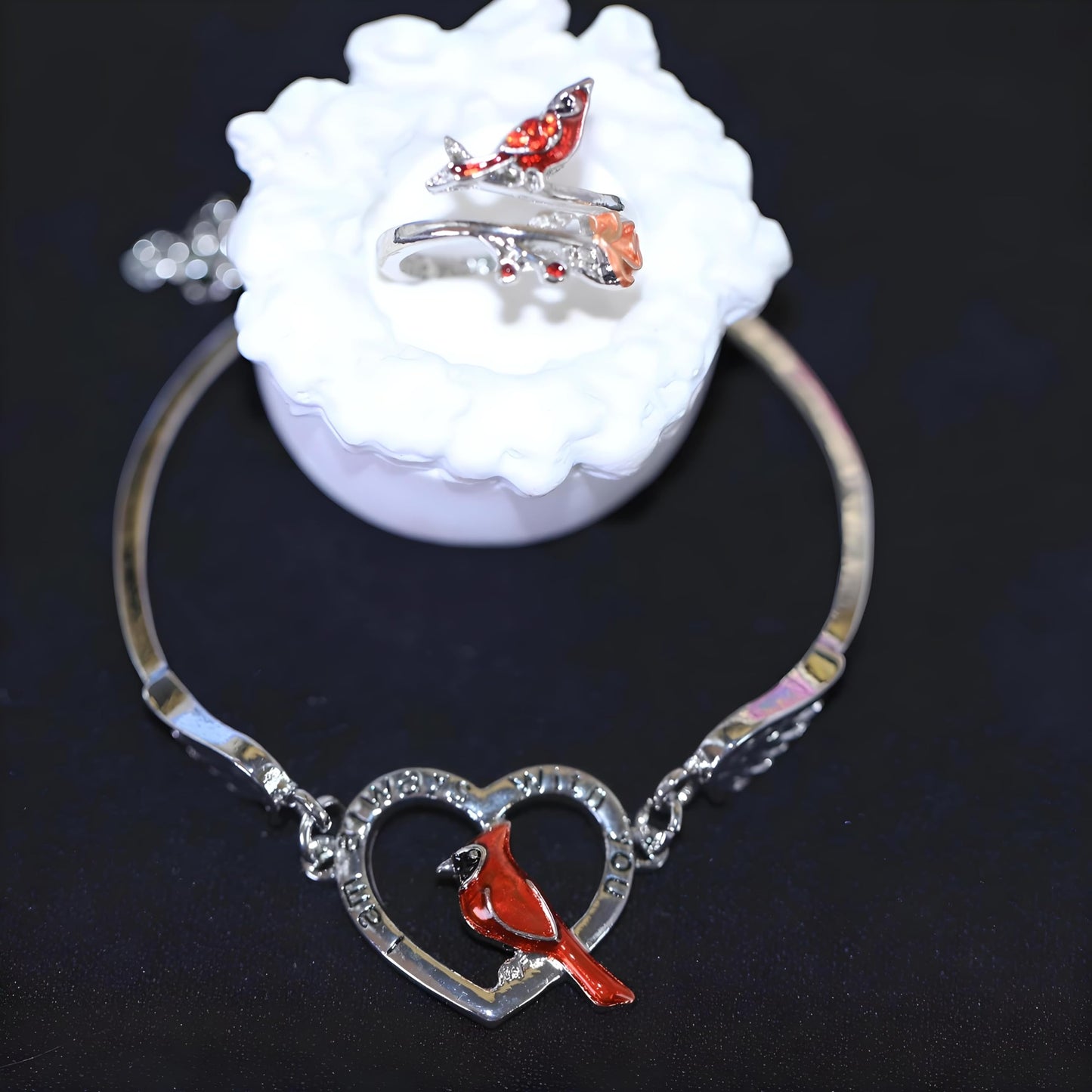 SUPAC Red Cardinal Jewelry Set, Necklace, Dangle Earrings, Bracelet, and Adjustable Ring - Cardinal Jewelry Gift