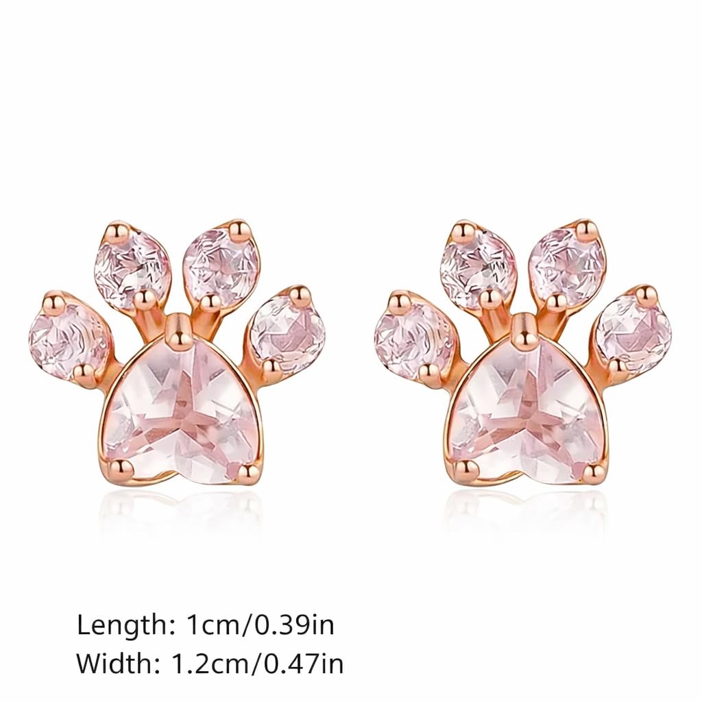 Rose Gold Cat Stud Earrings, Dog Paw Earrings, Pink Glass Crystal, Rhinestone Accents, 0.63 x 0.35 inches - Cat Earrings Gift