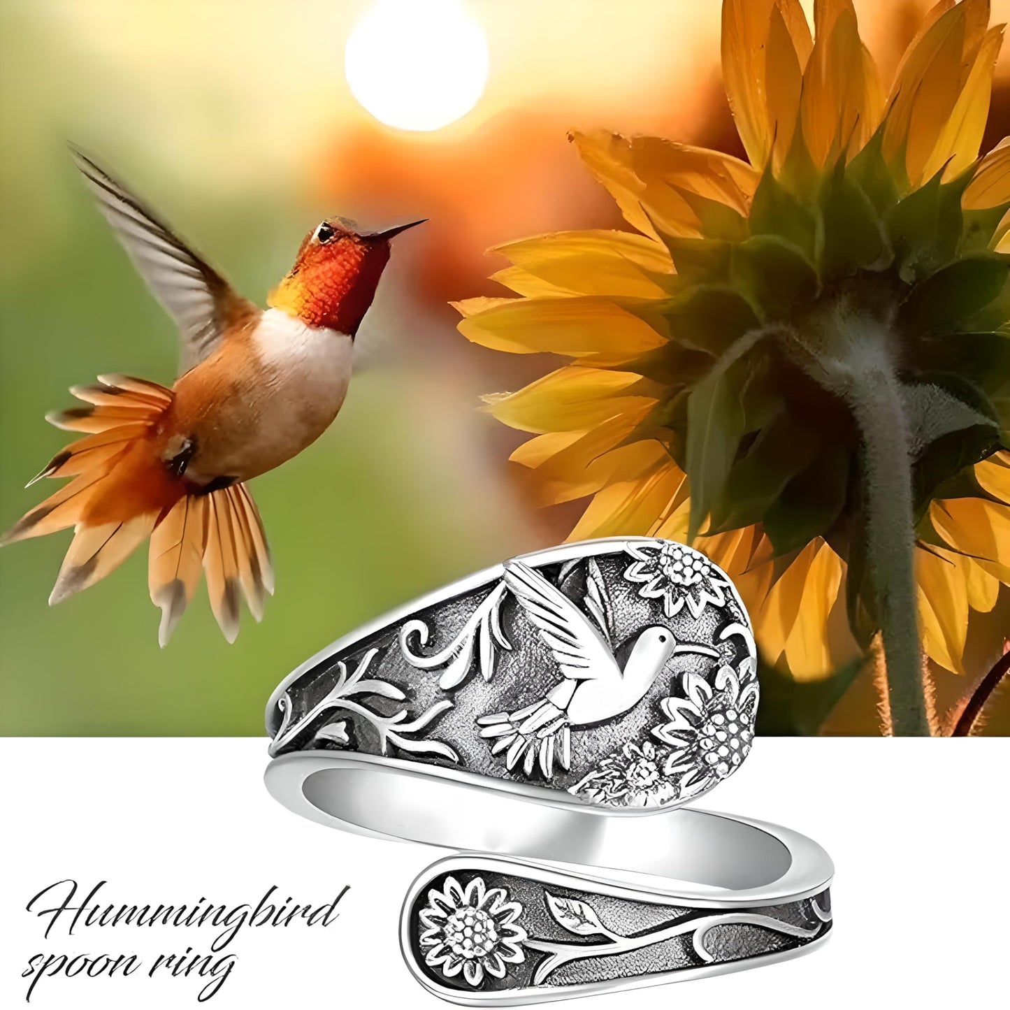 Vintage Hummingbird Spoon Ring, Sterling Silver Adjustable Band, Floral Design