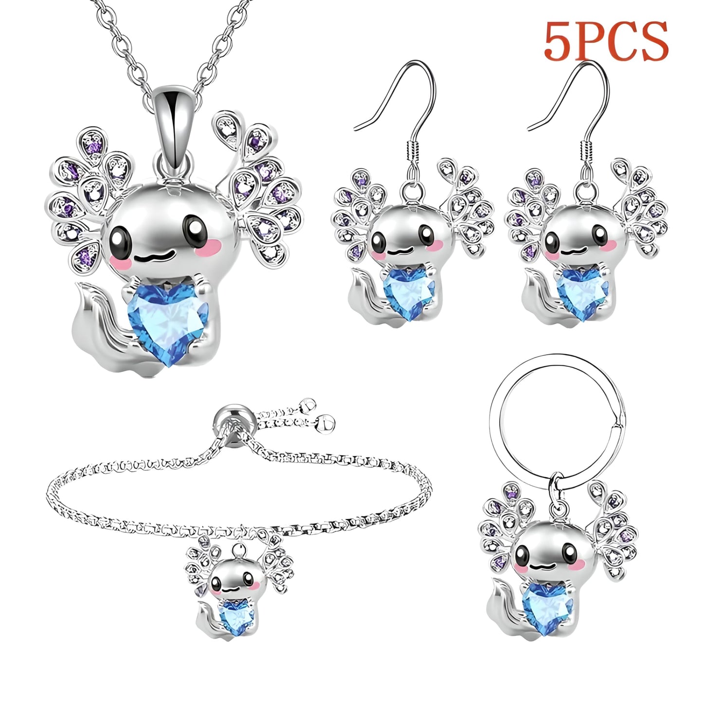 Cute Salamander Jewelry Set with Blue Crystal Heart, Silver Necklace, Earrings, Bracelet and Keychain