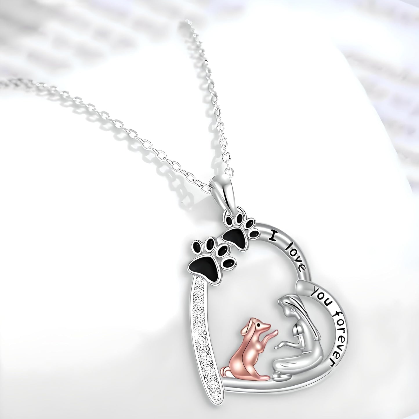 SUPAC Dog Breeds Necklace, German Shepherd, Labrador Retriever, Heart Pendant Necklace, Black and Gold, Crystal Paw Print Design, Dog Lovers Gift