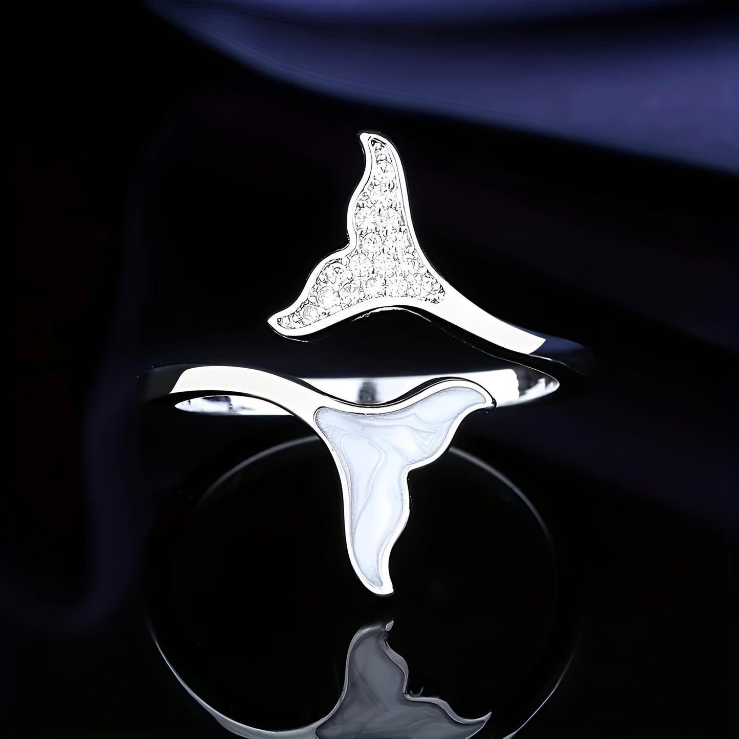 Sterling Silver Whale Tail Ring with Crystal Accents, Adjustable Open Design - Gift for Whale Lovers