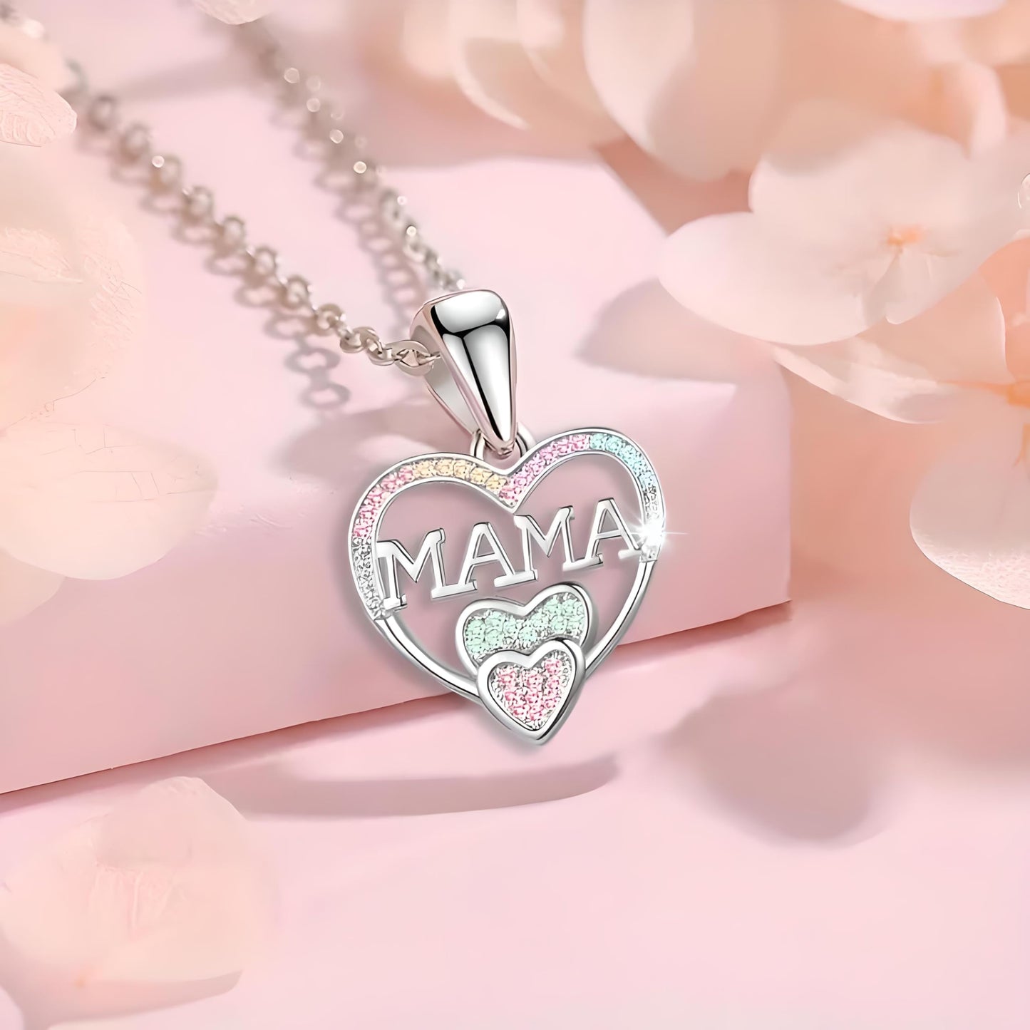 Gold Heart Shaped "MAMA" Necklace, Sparkling Stainless Steel Necklace- with Blue and Pink Simulated Diamonds, Christmas or Birthday Gift