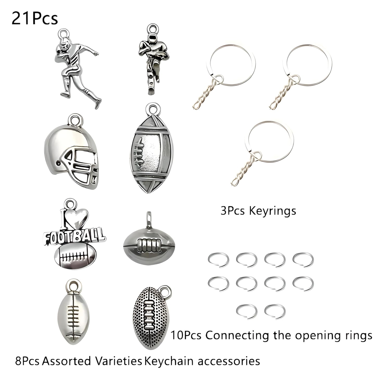 21-Piece Football Pendants DIY Keychain Set - Customizable with Interchangeable Charms, Detailed Football Helmet Keychain, and Humorous DIY Bag Pendant Accessories - Gift for Men and Football Fans