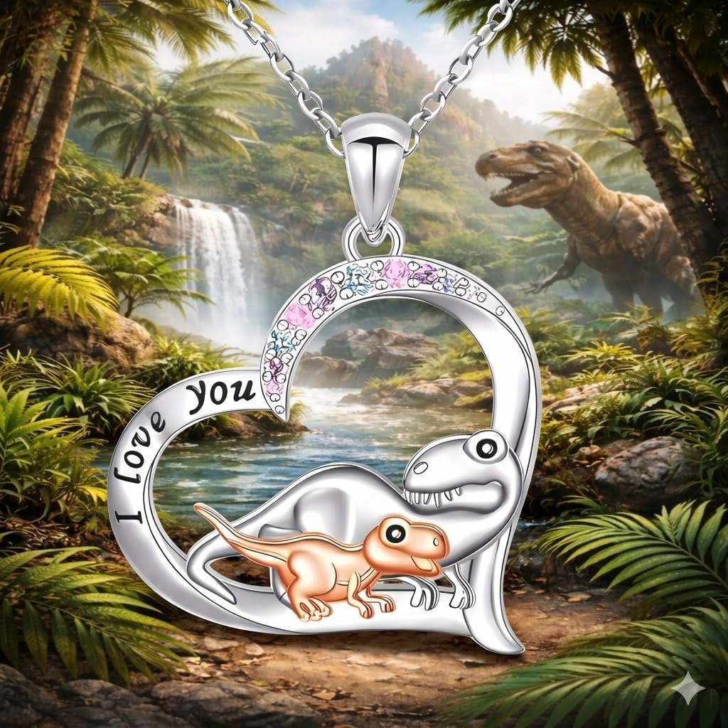 SUPAC Cute Cartoon Dinosaur Heart Pendant Necklace with Rhinestone Accents I Love You, Fashion Jewelry for Daily and Party Wear, Birthday and Christmas Gift