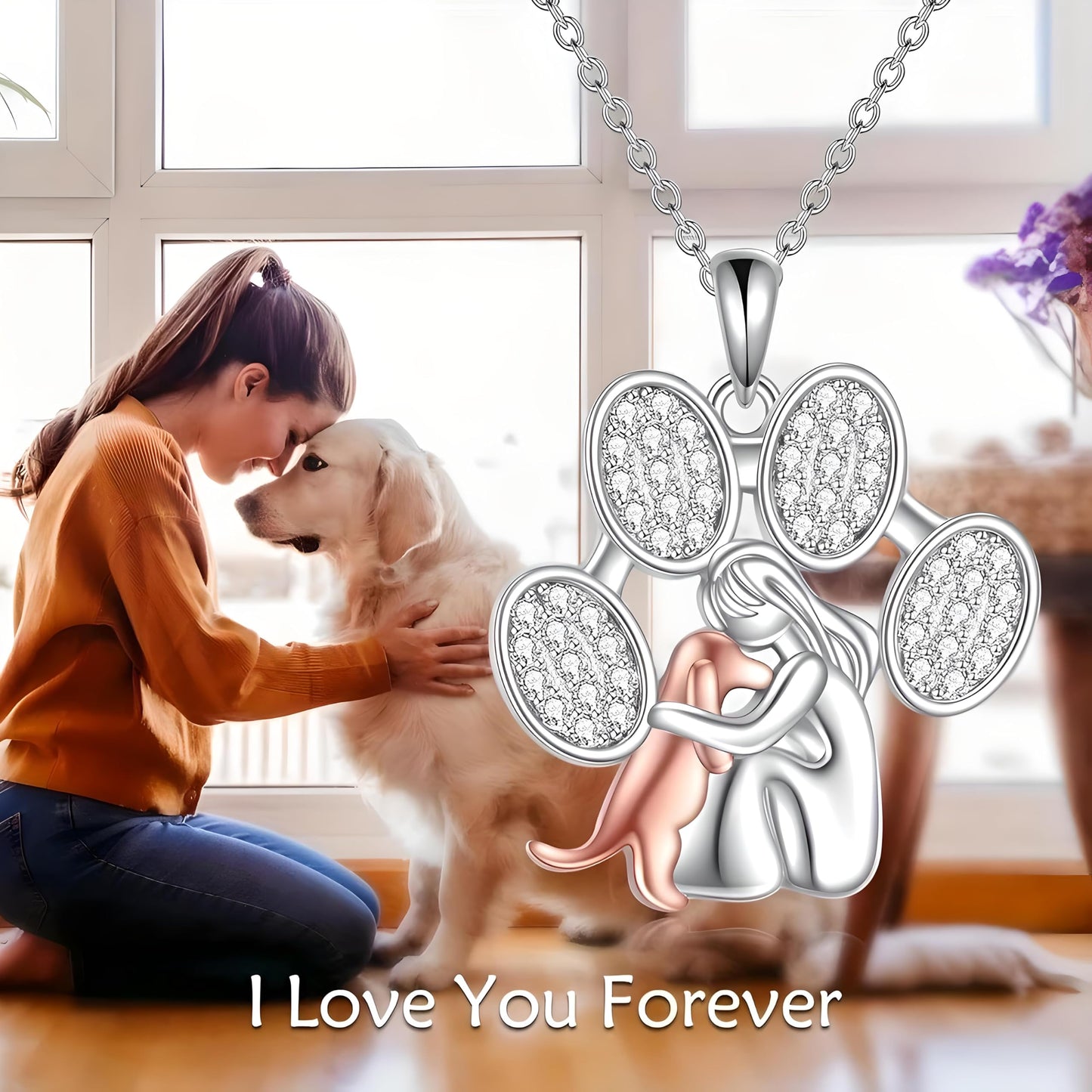 SUPAC Dog Breeds Necklace, German Shepherd, Labrador Retriever, Heart Pendant Necklace, Black and Gold, Crystal Paw Print Design, Dog Lovers Gift