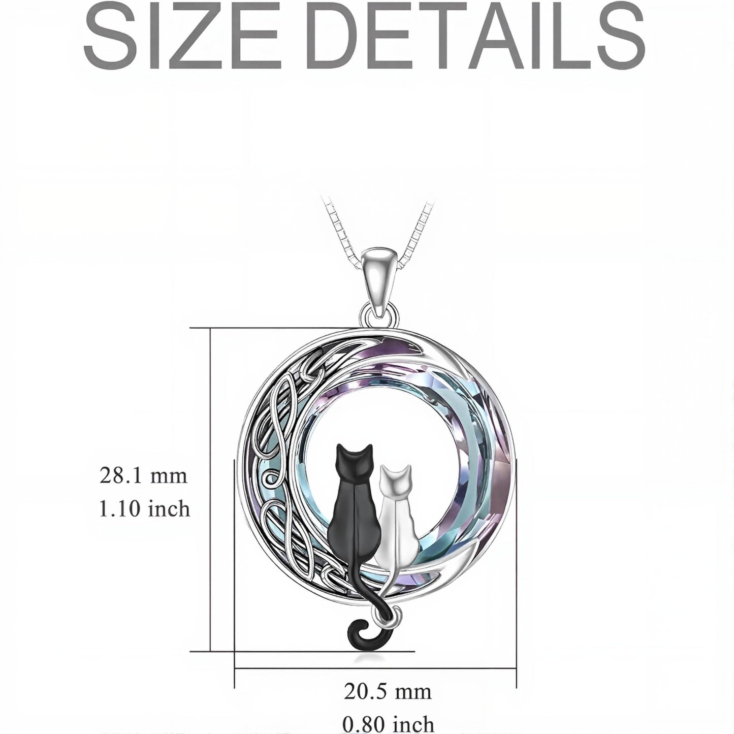 SUPAC Two Cats Moon Pendant Necklace, Black and White Cats, Celtic Design, 1.1 x 0.8 inch