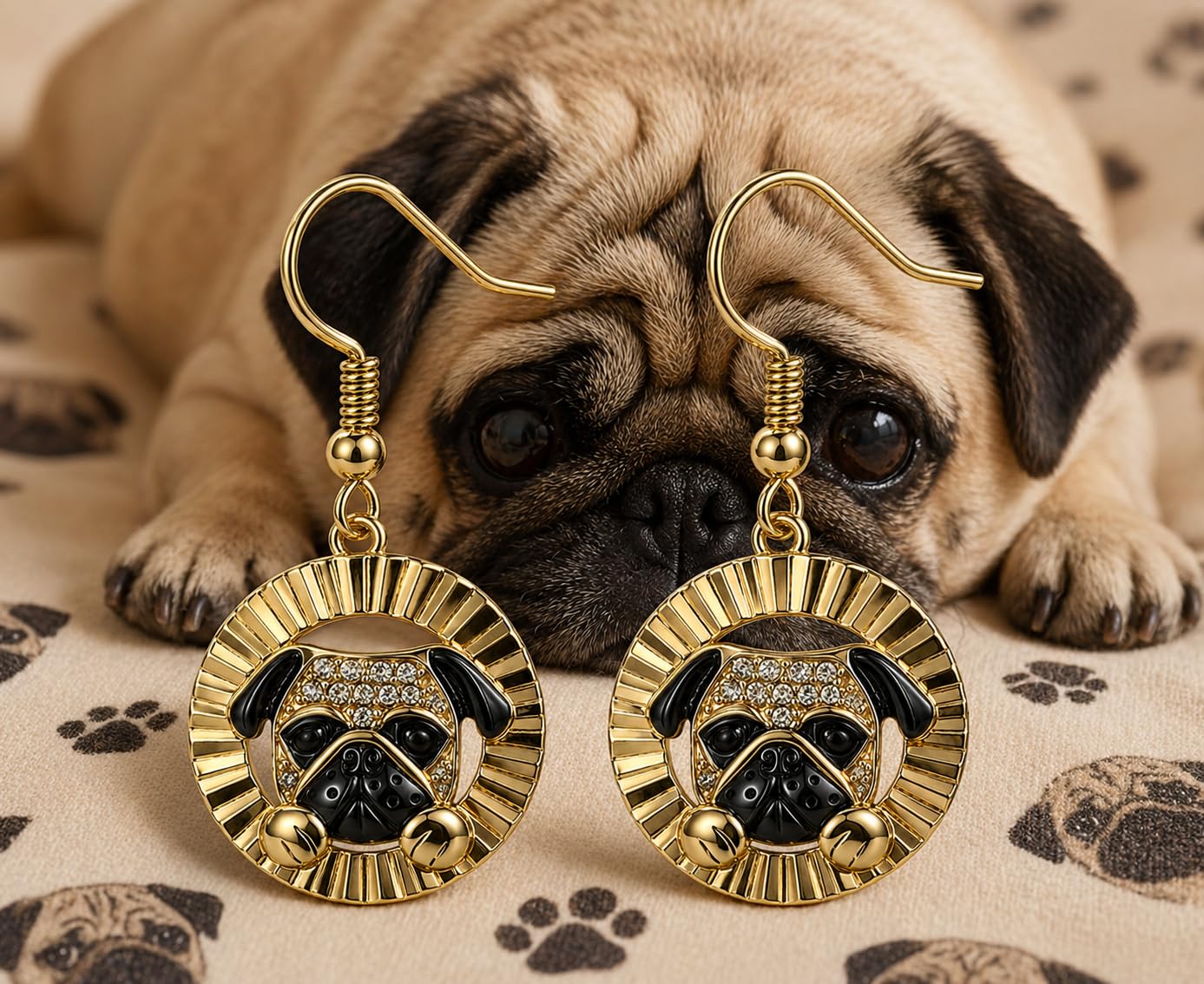 Pug Dangle Earrings, Gold-Tone Round Drop Earrings with Crystal Accents, Dog Lover Jewelry - Stainless Steel with Cubic Zirconia