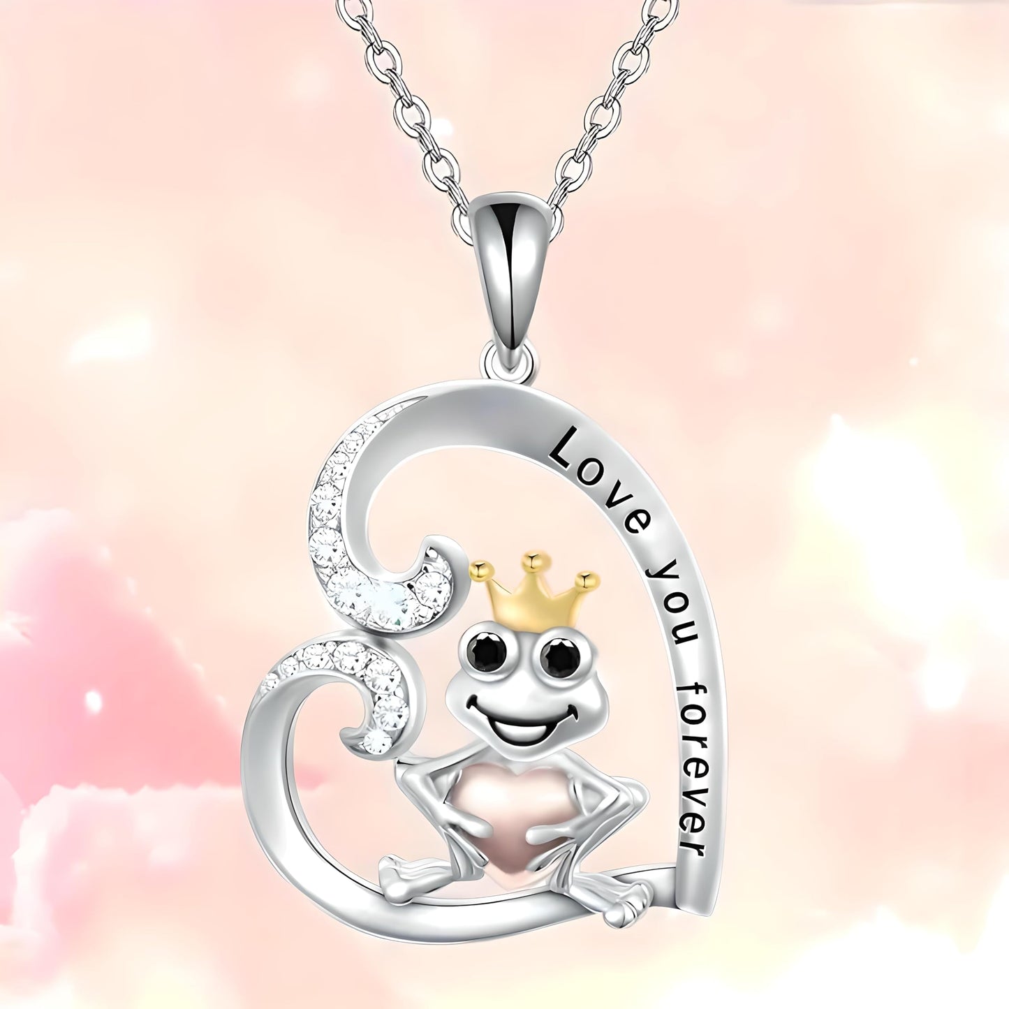 SUPAC Frog Prince Charming Pendant Necklace, Alloy with Plated White K, Resin Gem, Love You Forever Inscription, Animal-Themed Jewelry