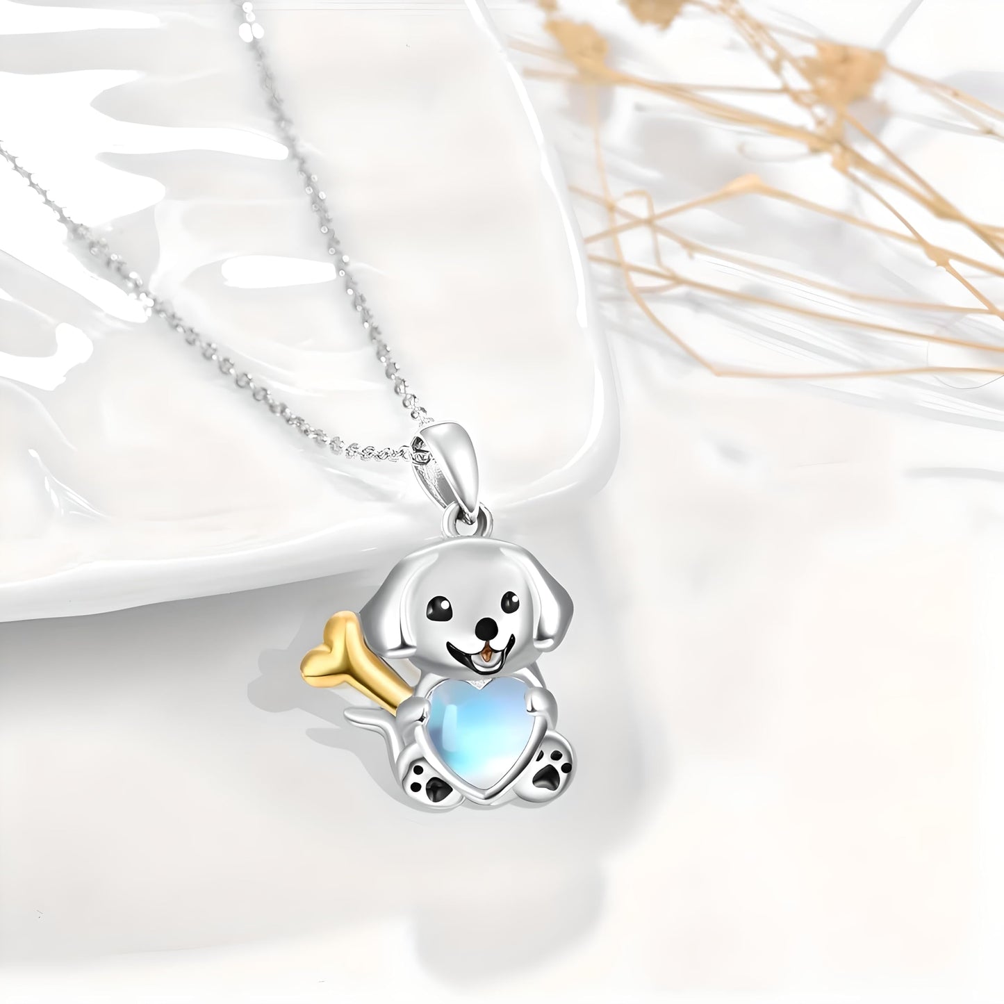 Cute Puppy Pendant Necklace with Blue Heart and Gold Bone, 17.7 inch Chain, Silver