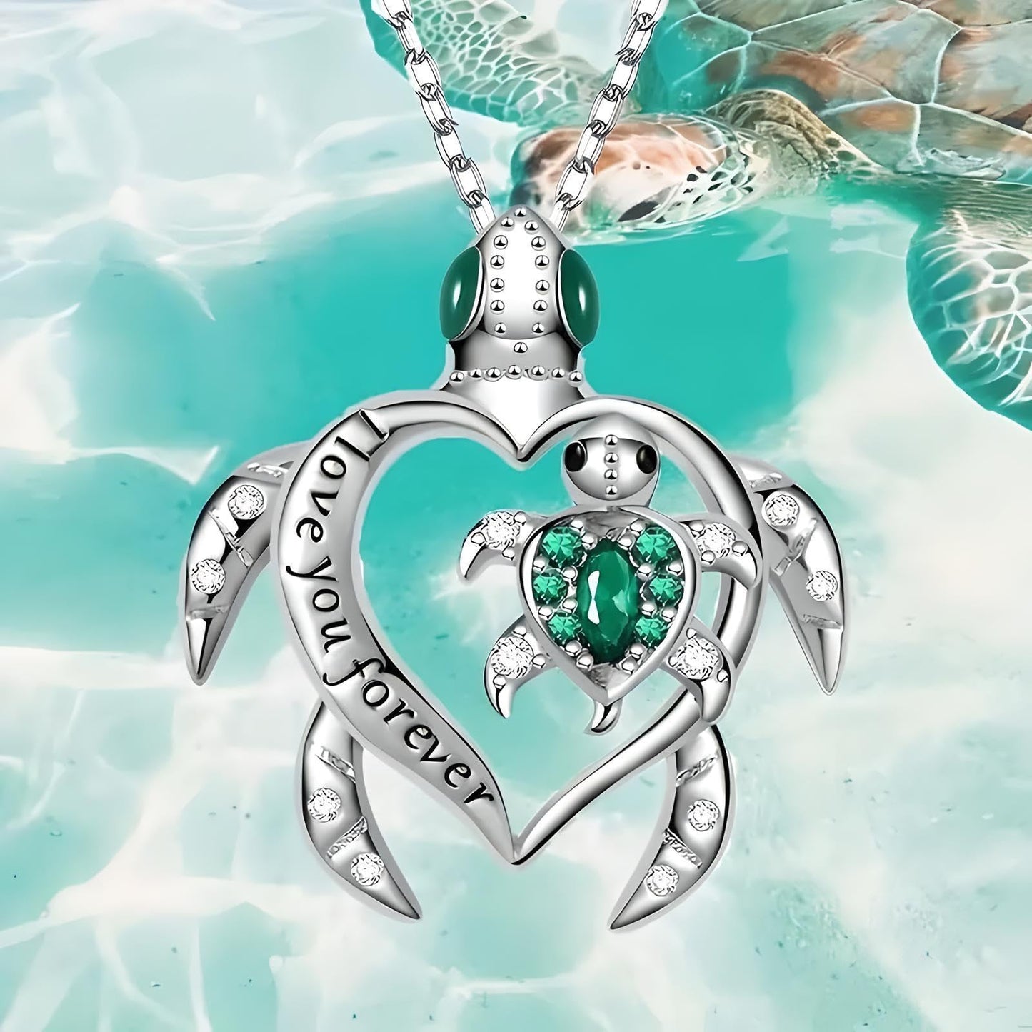 SUPAC Cute Green Turtle Mother Pendant Necklace, Animal Jewelry, Christmas or Birthday Gift