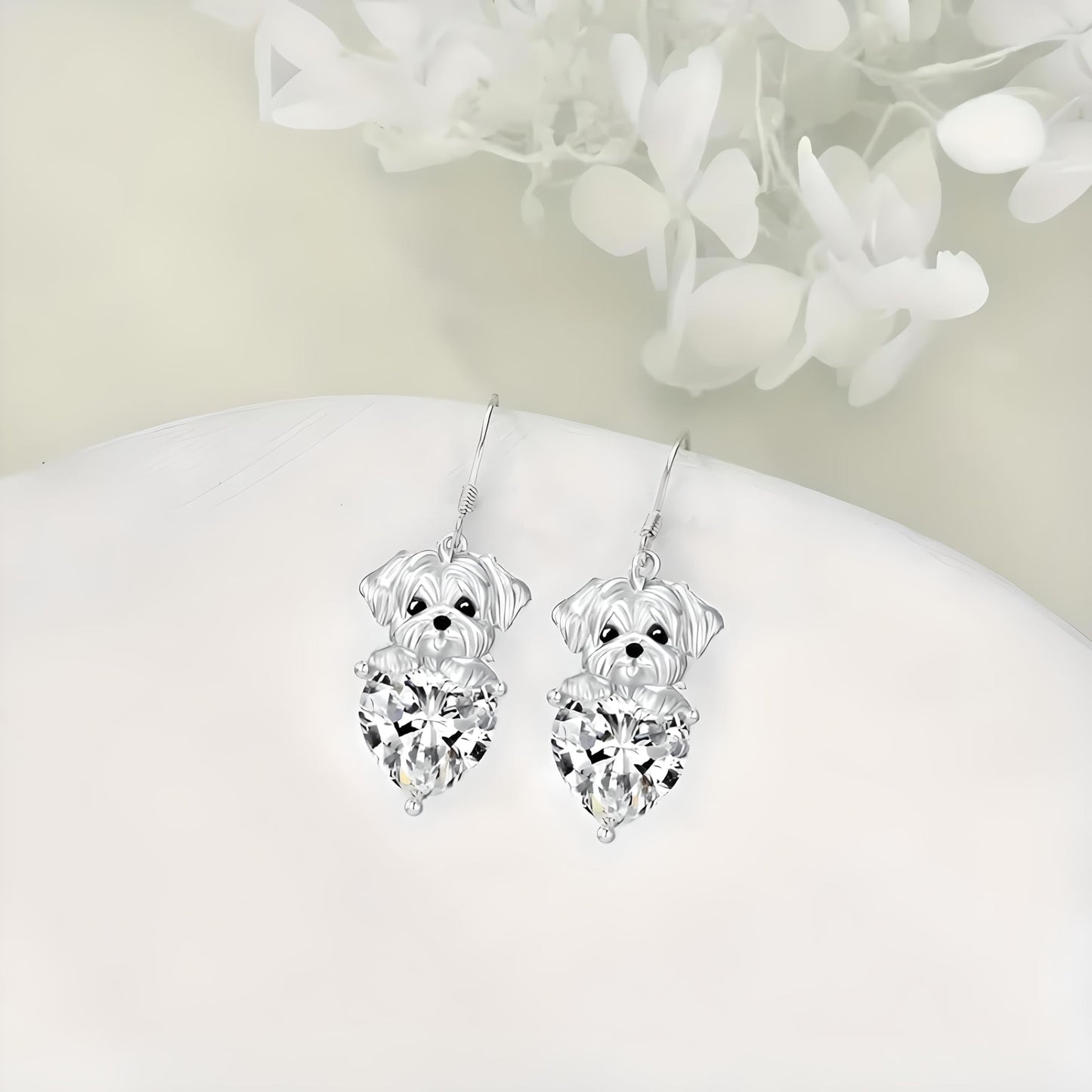 Decorative Dog Dangle Earrings, Blue Crystal Heart, Silver Shih Tzu Design