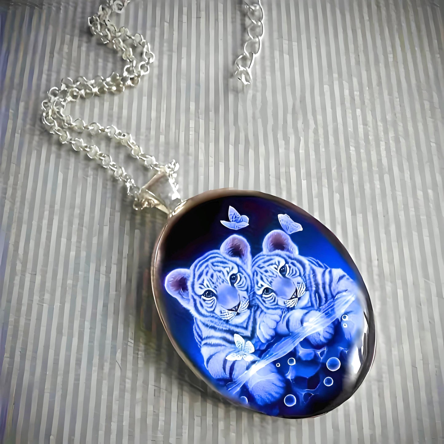 Tiger Cubs with Butterflies Oval Pendant Necklace, Sterling Silver Necklace with Glass Pendant - Birthday, Holiday, or Christmas Gift
