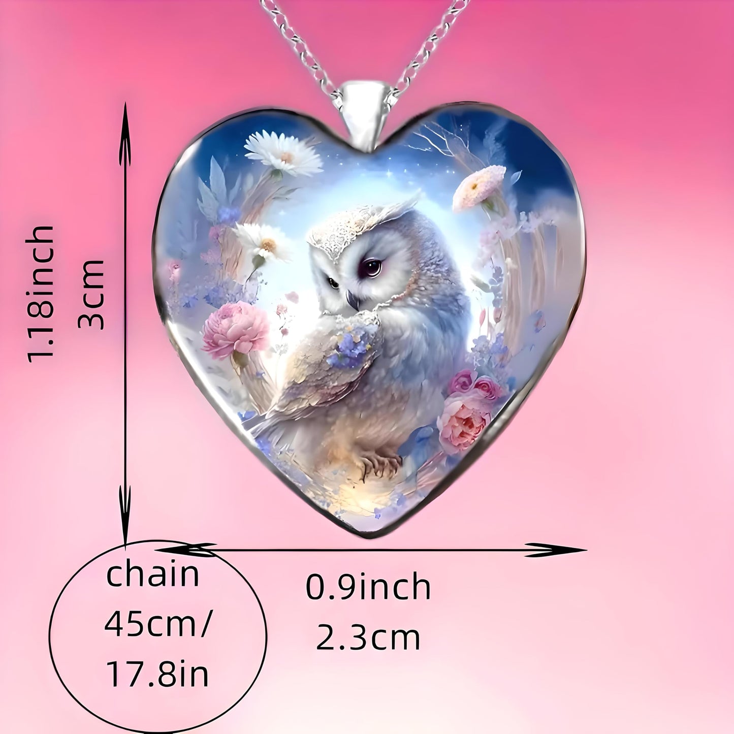 Cute Owl Heart Necklace, Glass Pendant with Floral Design and Stainless Steel Bracelet - Holiday, Christmas, or Birthday Gift