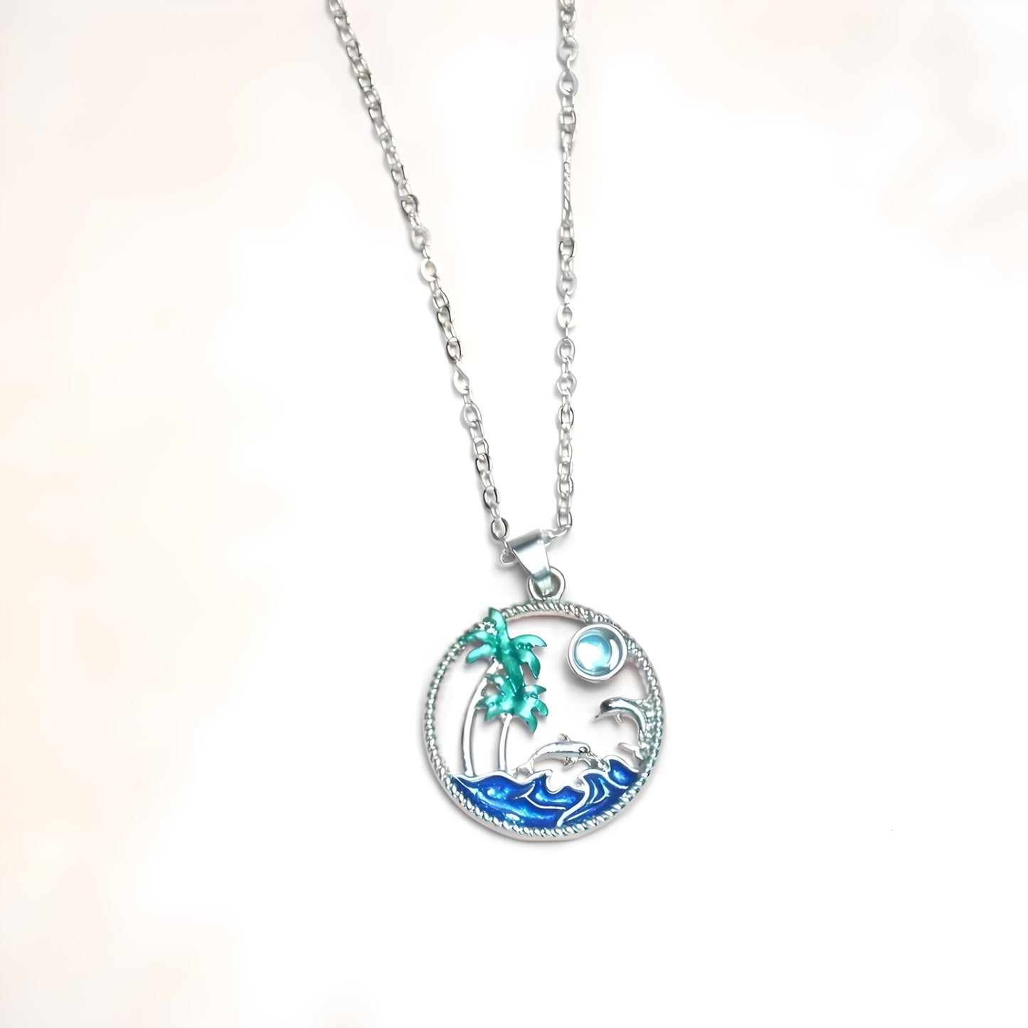 Tropical Beach Scene Pendant Necklace, Silver Chain with Dolphins and Palm Trees, Blue Ocean Wave Design, 17.7 + 2 Inch