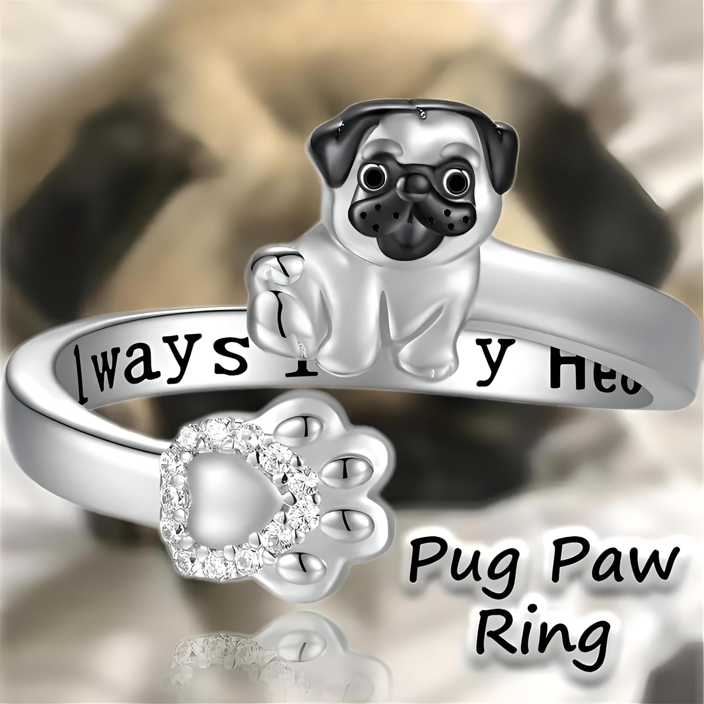 German Shepherd, Yorkie, Pug Dog Paw Adjustable Ring, Sterling Silver, Paw Print Design with Crystal Accents - Christmas, Birthday, or Party Ring