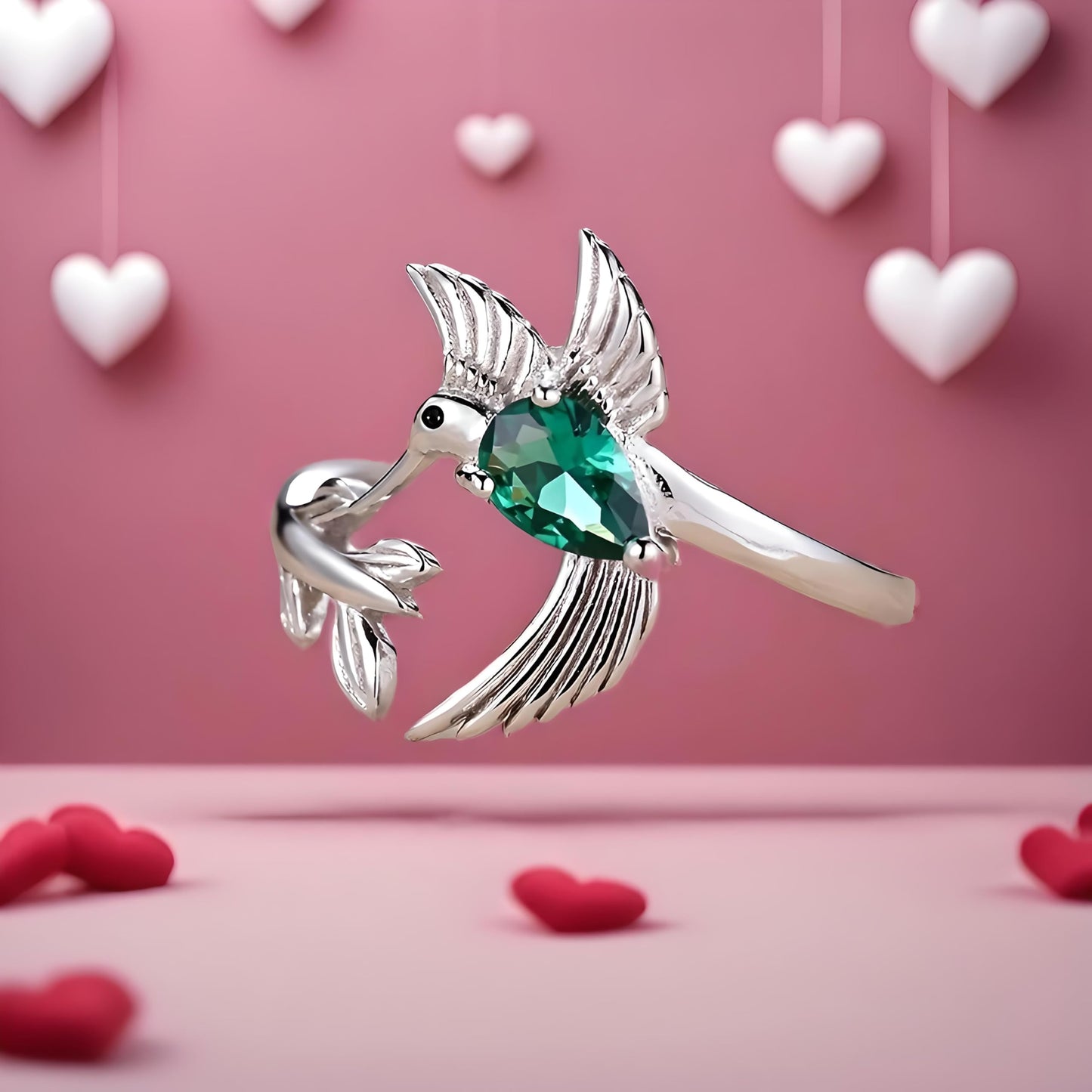 Sterling Silver Hummingbird Ring with Enamel Flowers, Adjustable, Turquoise and Purple