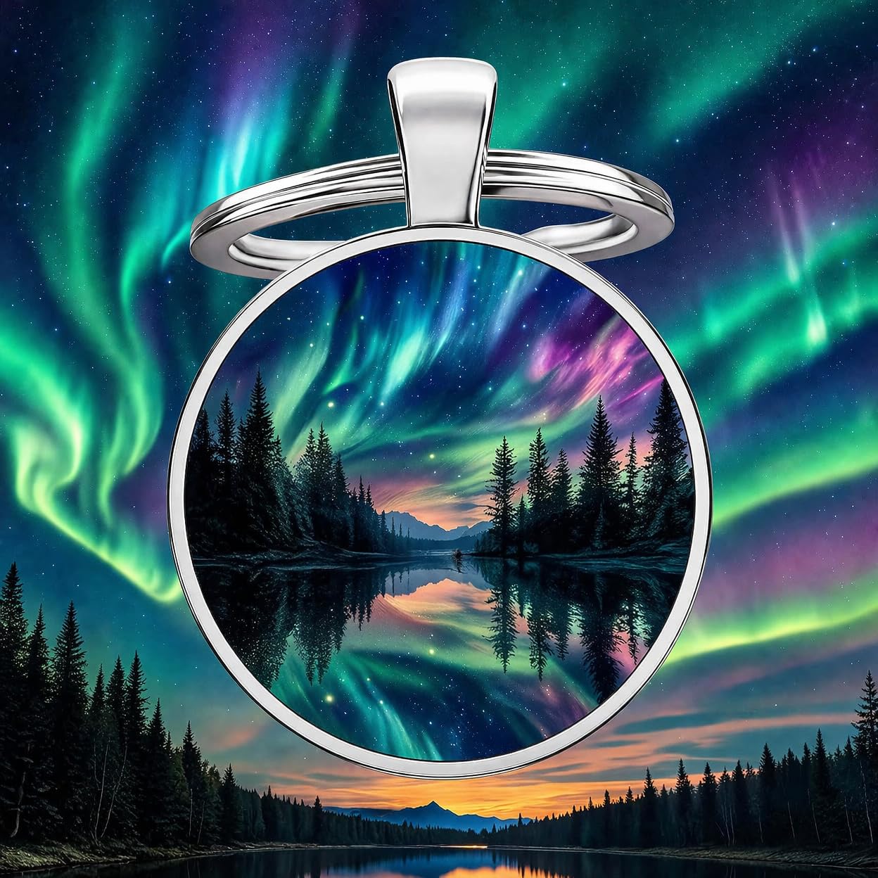 SUPAC Mountain Sunset Stained Glass Art Keychain, Nature Scene Design, Round Pendant (Aurora Borealis)