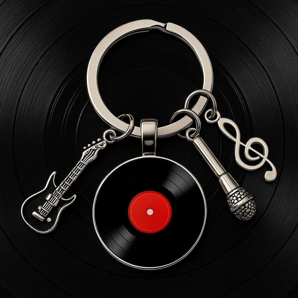 SUPAC Music Lover Keychain with Vinyl Record, Guitar, Microphone and Musical Note Charms, Silver, Music Gifts