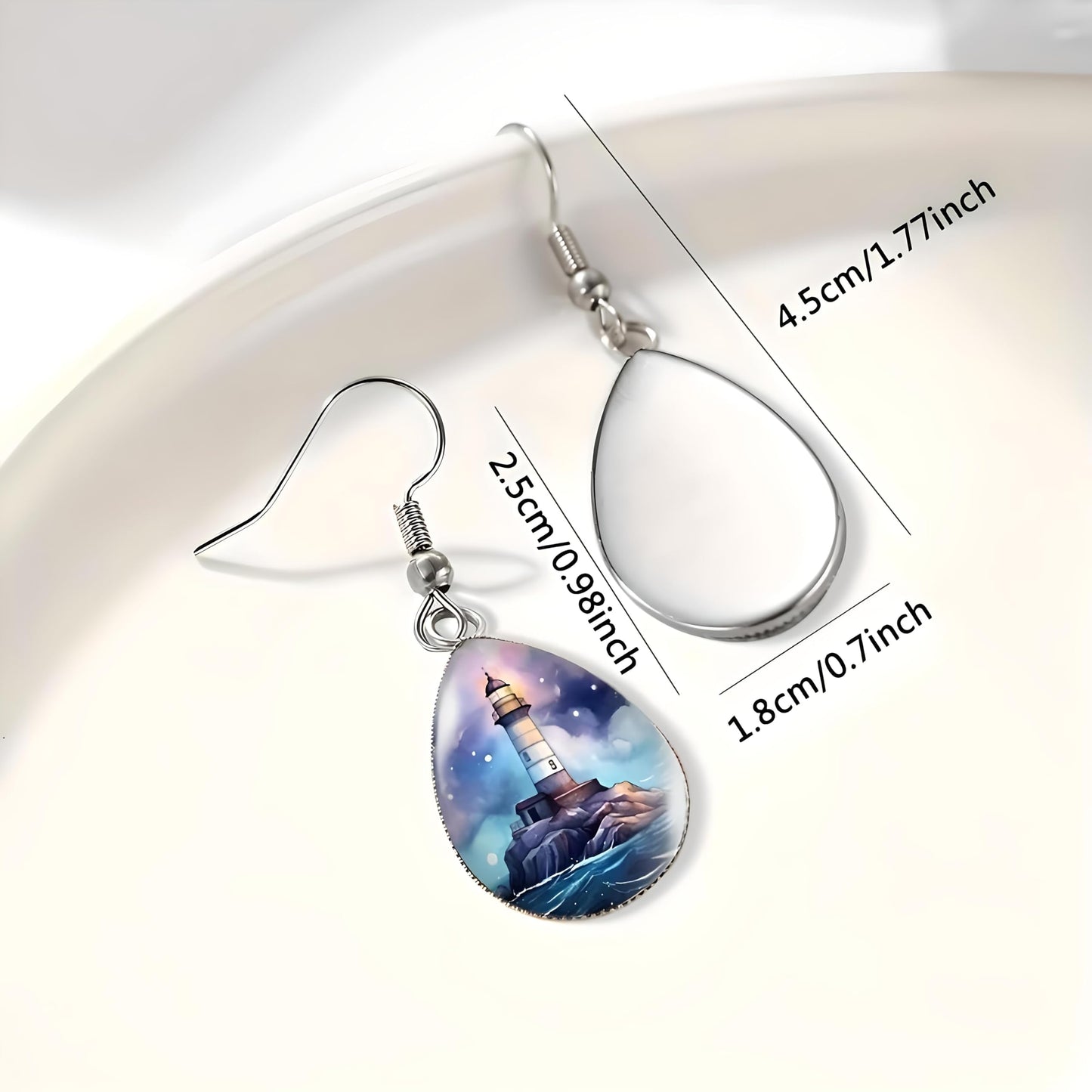 Teardrop Lighthouse Dangle Earrings, Nautical Design, 1.77 inch Length, Silver