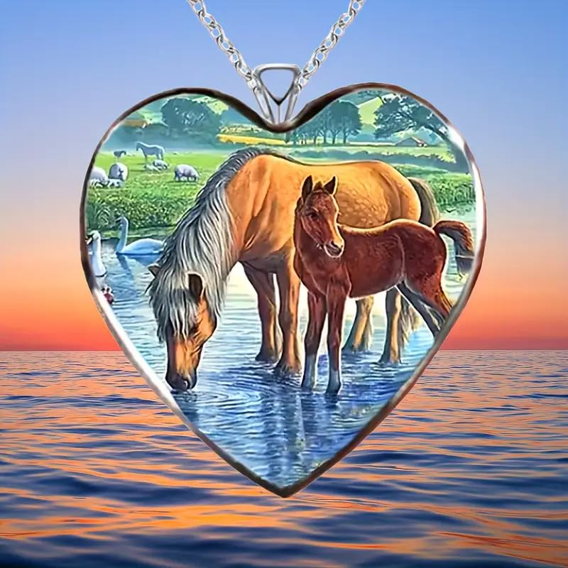 Heart-Shaped Horse Drinking Water with Beautiful Country Landscape Necklace, Sterling Silver Chain - Holiday, Christmas, or Birthday Gift