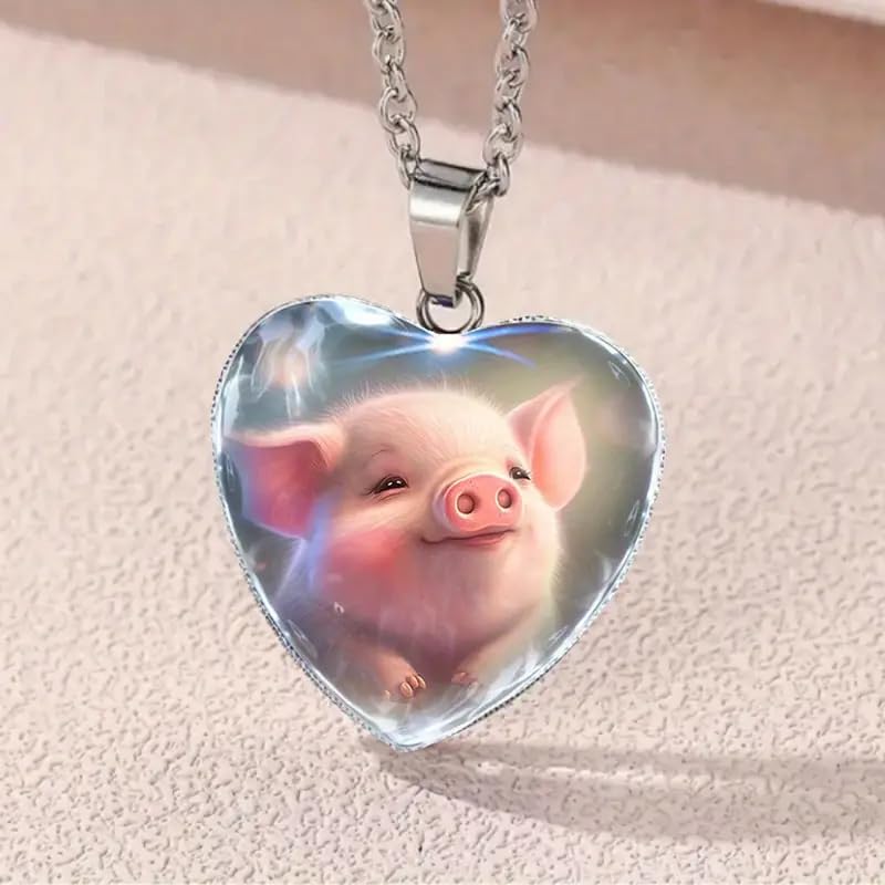 Cute Smiling Pink Piglet Heart-Shaped Glass Pendant Necklace - Stainless Steel, Birthday, Holiday, or Christmas Gift
