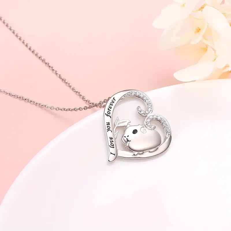 Love You Forever Guinea Pig Heart Necklace, Sterling Silver with Crystals - Christmas, Party, and Birthday Gift