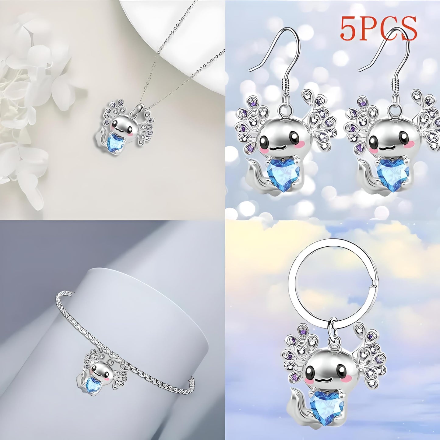 Cute Salamander Jewelry Set with Blue Crystal Heart, Silver Necklace, Earrings, Bracelet and Keychain