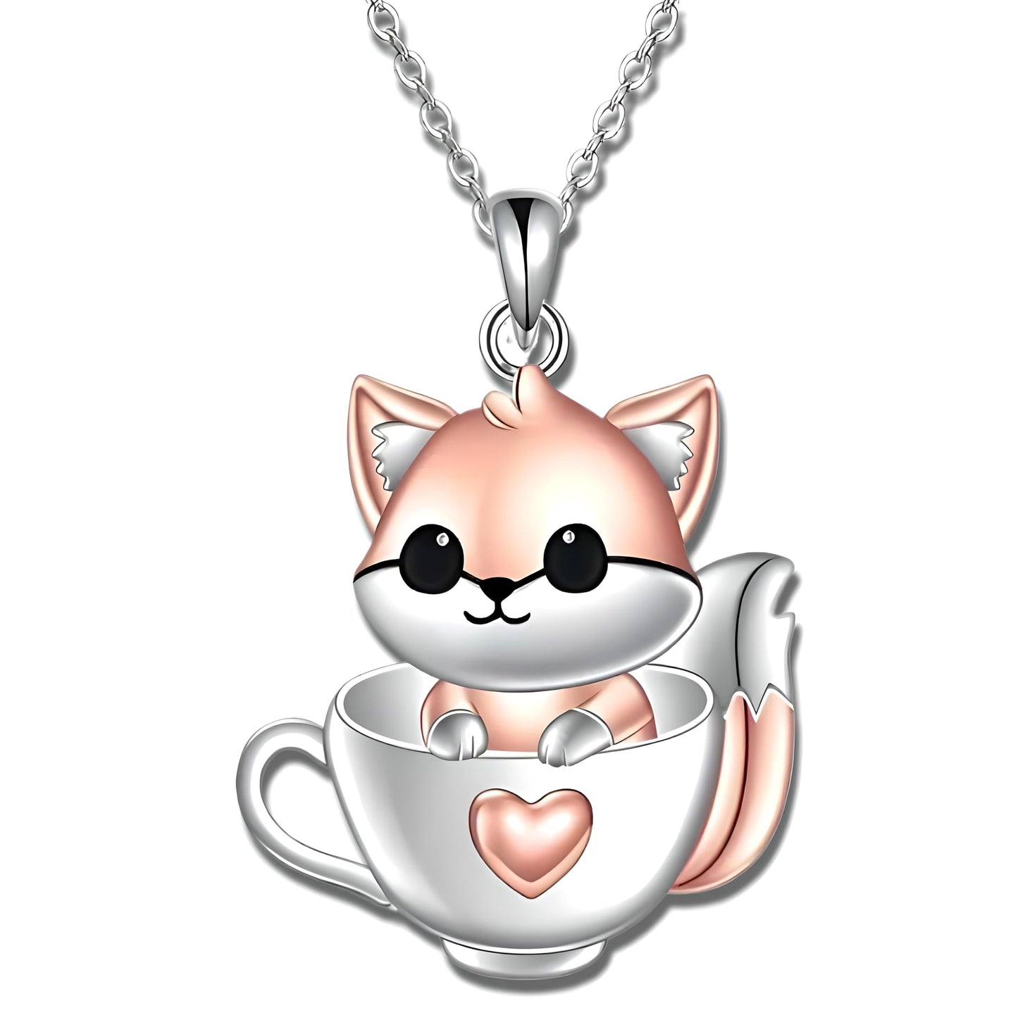 SUPAC Charming Fox in a Coffee Mug Pendant Necklace - Sparkling White, Golden Plated, Alloy & Resin