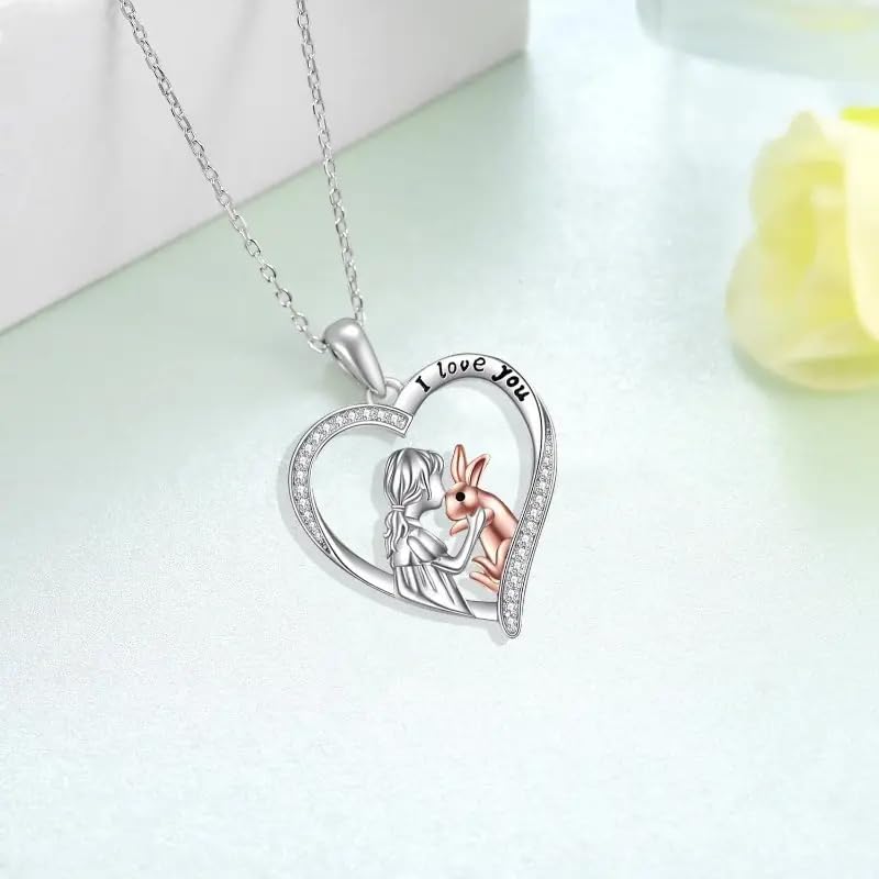 SUPAC Charming Woman & Rabbit Heart Pendant Necklace, I Love You, White Golden Plated Alloy, Birthday or Christmas Gift