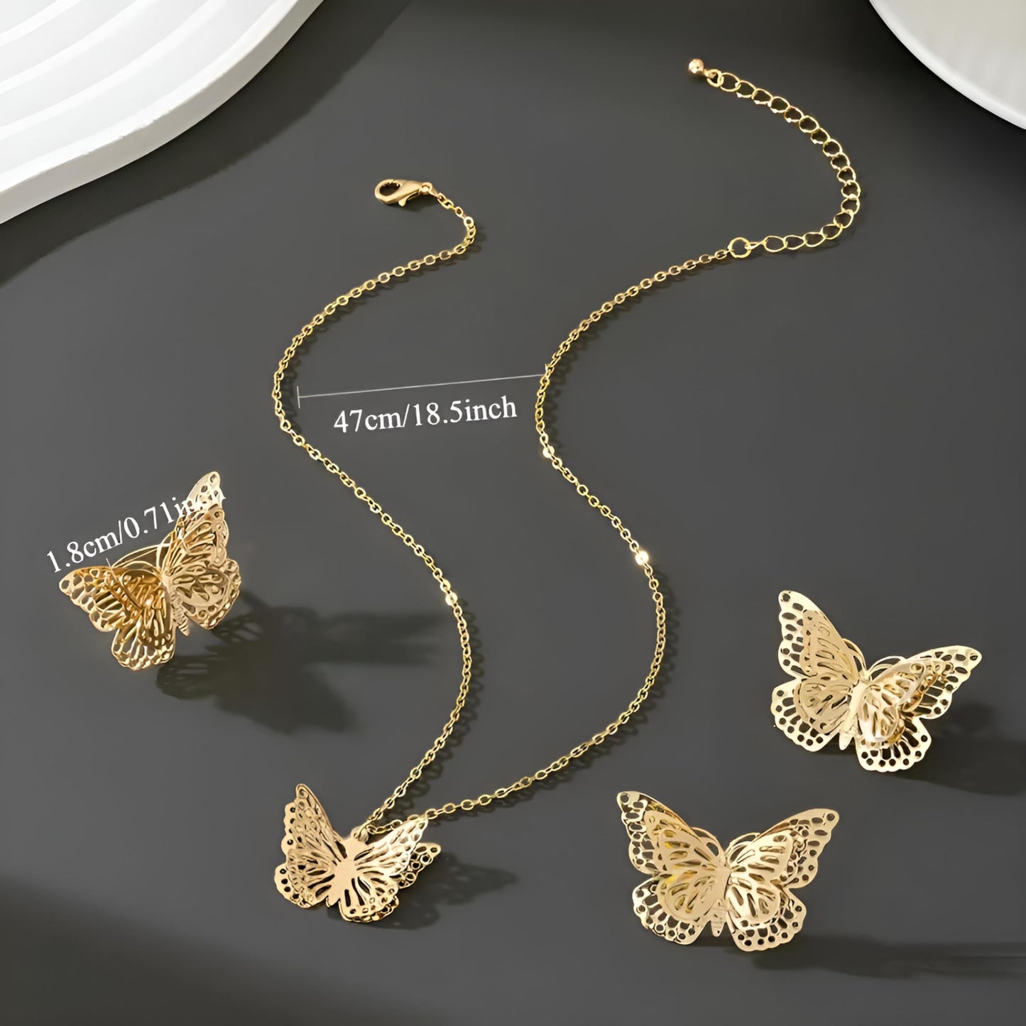 SUPAC Gold Butterfly Necklace Earrings Adjustable Ring Jewelry Set, 18.5 inch Chain Length, 4 Pieces