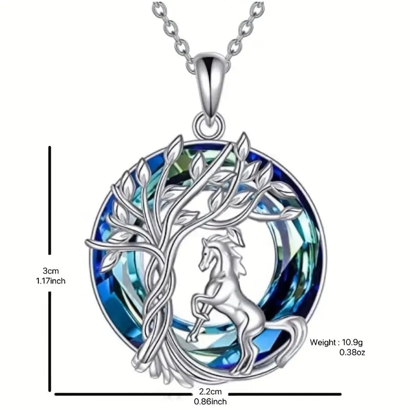 Sterling Silver Horse Tree of Life Pendant Necklace, Blue Crystal, Women's Jewelry