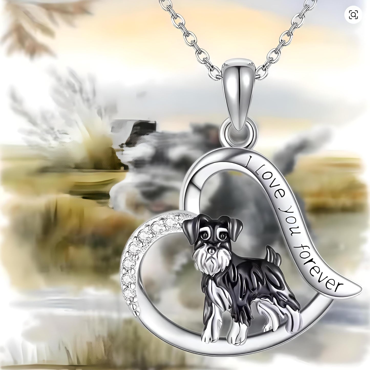 Schnauzer Dog Heart Pendant Necklace, Stainless Steel, Crystal Accent, I Love You Forever, 19.7 inch Chain