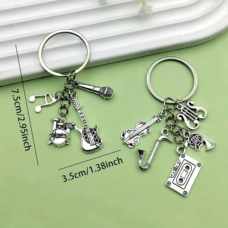 Musical Instrument Keychain with Guitar, Microphone, Drum Set and Music Note Charms